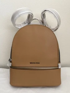 NWT Michael Kors Rhea Medium Zip Pebbled Leather Backpack Peanut - Picture 1 of 9