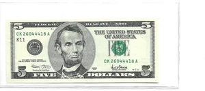 2001 United States Federal Reserve $5 Banknote - AU - CK 26044418 - Triple digit - Picture 1 of 2