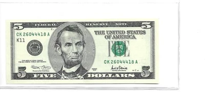 2001 United States Federal Reserve $5 Banknote - AU - CK 26044418 - Triple digit - Image 1 of 2