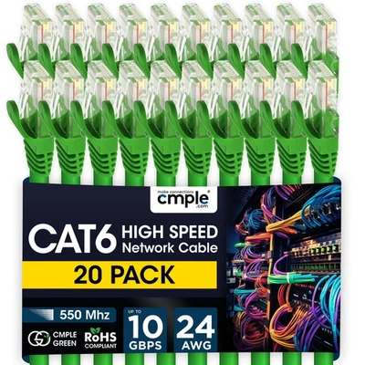 20 Pack Cat6 Patch Cable Ultra-Fast Internet LAN Cord for Home & Office Green - Image 1 of 4