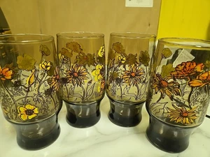 Vintage 1970er 12 Unzen Rauchglas mit Gänseblümchen, Ringelblumen, gelb, orange - 4er Set - Bild 1 von 6