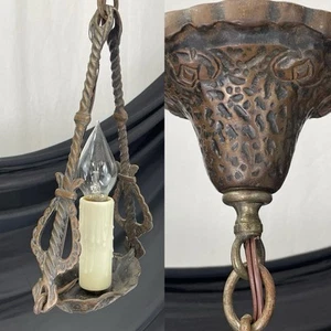 REWIRED Antique Vtg Tudor Arts Crafts Mission Pendant Light Porch Hall Hammered - Picture 1 of 24