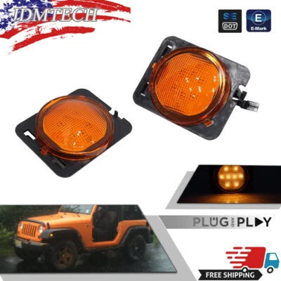 Pair Front Fender LED Side Marker Light Amber Lens for 2007-18 Jeep Wrangler JK - Image 1 of 4