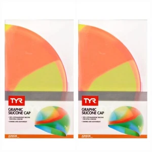 Gorra de natación 2-pk TYR Tie Dye gráfica de silicona ajuste juvenil edad 10+ rosa amarillo naranja - Imagen 1 de 4
