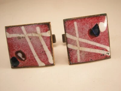 Gemelos vintage cuadrados de cobre esmaltados rojos y blancos Foto 1 de 4
