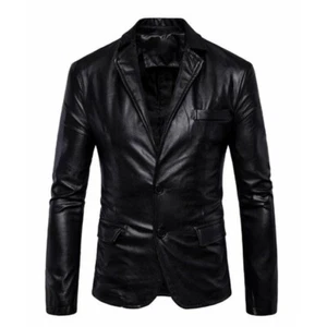 Men's Leather Blazer Genuine Lambskin Two Buttoned Stylish Black Lapel Blazer  - Picture 1 of 3