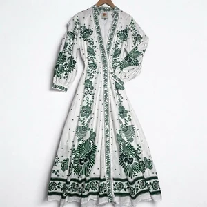Farm Rio Active Forest Soul Maxi Dress Size M Green Ivory Linen Blend Boho Fairy - Picture 1 of 18