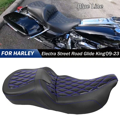 Black + Blue Extended Reach Road Sofa Seat For Harley Electra Street Road Glide Foto 1 de 4