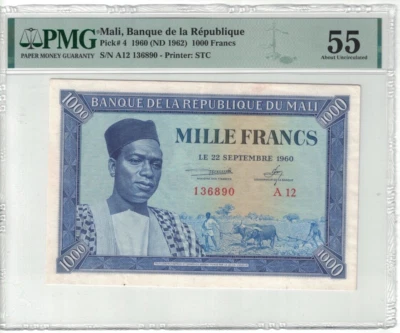Mali 1000 Francs 1960 Pick# 4 PMG: 55 About UNC. #PL2689 - Image 1 of 2