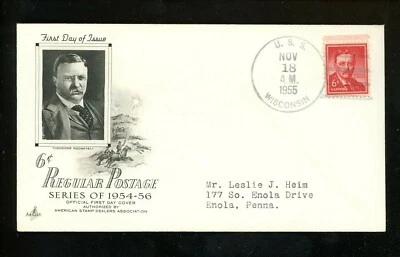 US FDC #1039 Artcraft M-5 1955 USS Wisconsin BB-64 Roosevelt Liberty Unofficial - Image 1 of 2