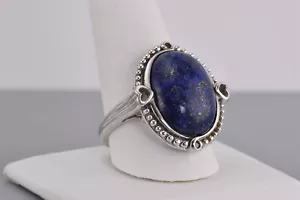 Anillo de banda distintivo corazón con cuentas de corazón de plata esterlina azul ovalado lapislázuli talla 925 - Imagen 1 de 8