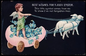 Cherub Angel Chariot Eggshell Being Pulled By Sheep Jolly Easter EAS Postcard - Picture 1 of 2