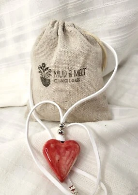 Handcrafted Ceramic Red Heart Pendant Necklace,Vintage Style,Silver Plated(No.5) - Image 1 of 4