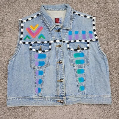 Cinturón de sol vintage para mujer Denim Botón Chaleco Chaqueta Personalizado Pintado Grande Foto 1 de 4