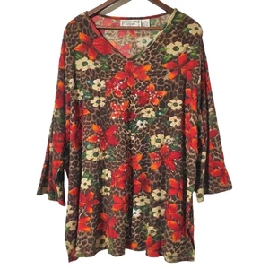Tansara Boho Blumen Top Größe 3X plus Pailletten Animal Print 3/4 Arm Damen - Bild 1 von 9