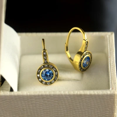 Orecchini a Monachella Dorato Antico Arte Deco Tondo Cz Blu Sottile SA3 - Immagine 1 di 4