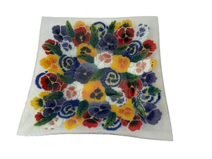 Peggy Karr Pansies 12" Square Fused Glass Serving Platter - Multicolor Signed - Picture 1 of 7