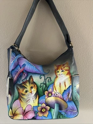 ANUSCHKA Hand Painted Cats Kittens Mushrooms Leather Hobo Handbag NWT - Image 1 of 4