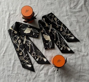 Hermes Le Crepe Twilly Scarf Black Multi-Color Set of Two Fashion Accessories - Picture 1 of 11