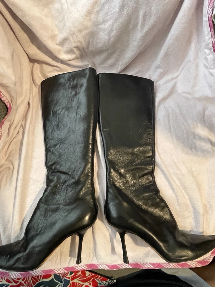 Jimmy Choo Peonía Cuero Negro Punta Cuadrada Hasta la Rodilla Stiletto Bota EE. UU. 8.5 Foto 1 de 4