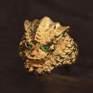 Gold Plated Brass Green Eyes Chinese Style Lion Charms Ring GP268C UK N½ to Z4 - Picture 1 of 24