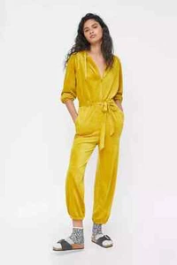 Neu mit Etikett Anthropologie Saturday Sunday gemütlicher Samt-Overall mit Kapuze Chartreuse LRG - Bild 1 von 17