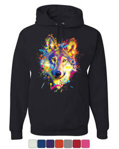 Neon Wolf Head Hoodie Paint Splatter Lone Wolf Spirit Animal Sweatshirt