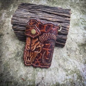 Hand tooled skull horns wallet, Carved skeleton monster leather medium wallet - Picture 1 of 5