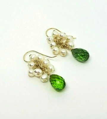 14k Yellow Gold Peridot Briolette White Freshwater Pearl Cluster Dangle Earrings - Image 1 of 4