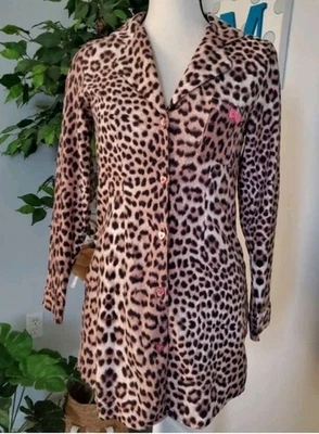 BETSEY JOHNSON 豹纹法兰绒睡眠衬衫粉色闪光纽扣 S — 第 1/4 张图片