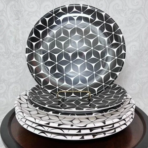 222 Fifth Black White Strata Melamine Dinner Salad Plates Summer Outdoor Picnic - Picture 1 of 7