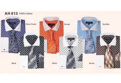 Camisa de vestir para hombre con corbata y pañuelo, diseño a lunares por Georges' Style AH613 Foto 1 de 3