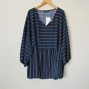Bloomchic Plus Sz 28 Navy Boho Tribal Geo Dressy Casual Babydoll Belted Blouse - Picture 1 of 12