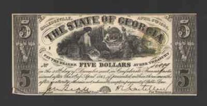 1864 $5 THE STATE OF GEORGIA MILLEDGEVILLE, GA OBSOLETE NT741 - Picture 1 of 2