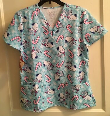 Новый с Ярлыками PEANUTS CHRISTMAS SNOOPY женщин скраб верхняя рубашка конфеты трости размеров M или L - Изображение 1 из 4