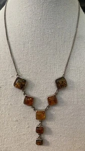 Sterling Silber Cabochon Quadrat Bernstein Y Tropfen Halskette 16,5" Multi Color - Bild 1 von 4