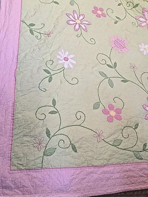 Pottery Barn Kids 84x95" Quilted Comforter Flowers Pink Gingham White Dots - Image 1 of 4