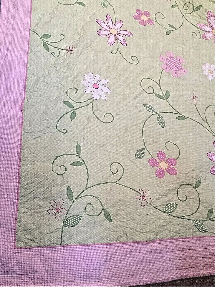 Pottery Barn Kids 84x95" Quilted Comforter Flowers Pink Gingham White Dots - Image 1 of 4
