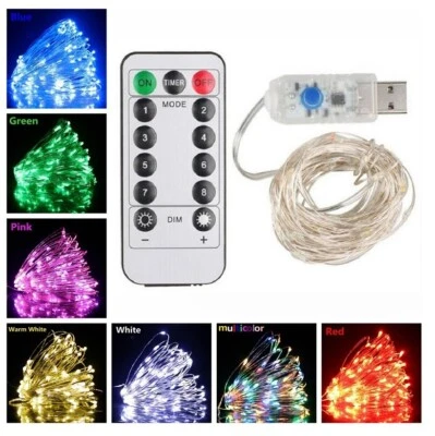 USB 2M Powered LED Copper Wire String Fairy Lights Xmas Party Remote Control Fun - Image 1 of 4