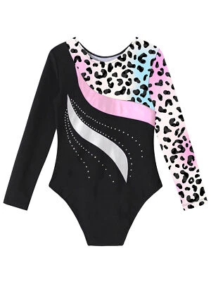 Kids Girls Colorful Pattern Print Ballet Dance Leotard Sparkle Bodysuit Unitard - Image 1 of 4