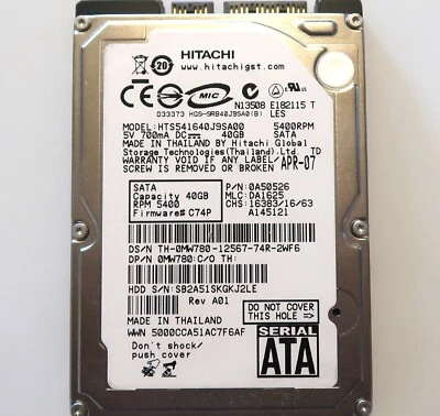 Hitachi HTS541640J9SA00 0A50526 DA1625 Thailand 0MW780 2.5" 40gb Sata HDD APR-07 - Image 1 of 2