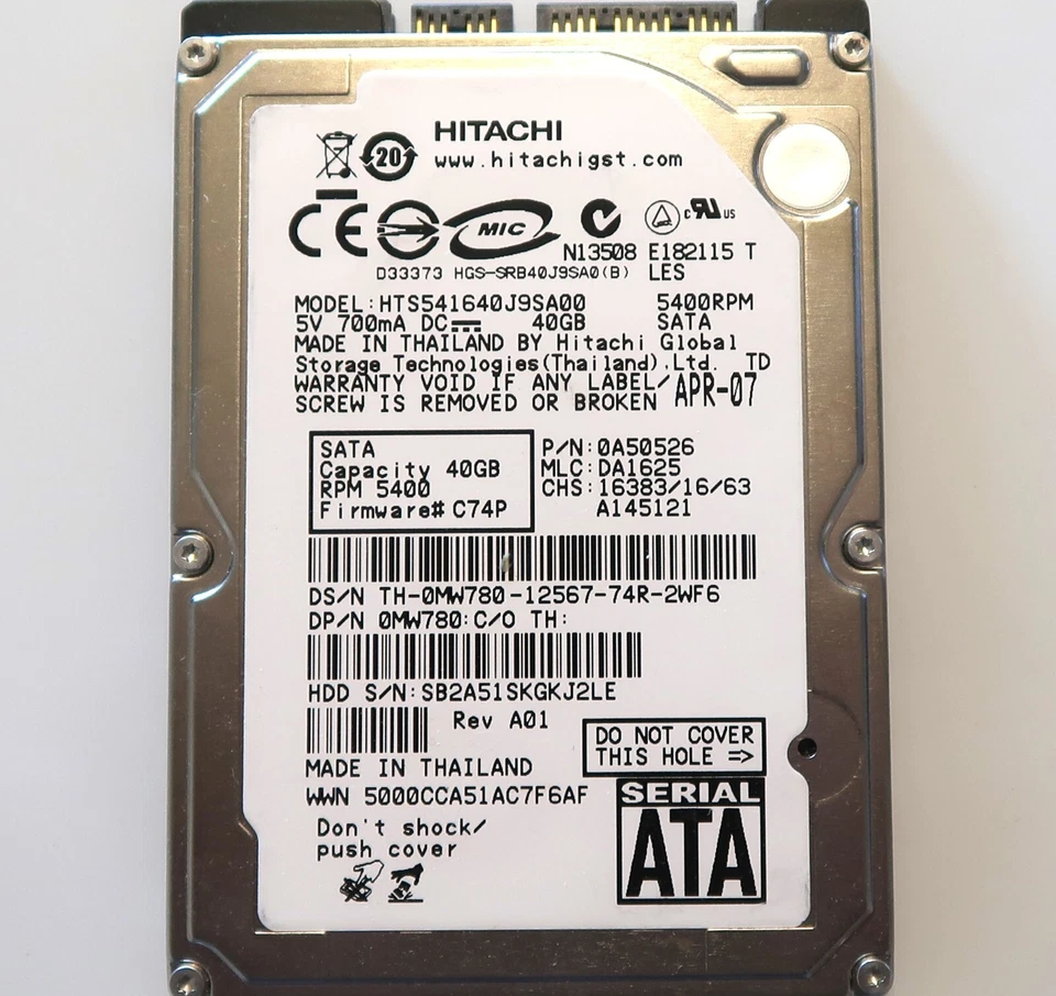 Hitachi HTS541640J9SA00 0A50526 DA1625 Thailand 0MW780 2.5" 40gb Sata HDD APR-07 - Image 1 of 2