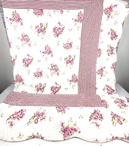 Melange Home Cottage Full/Queen Quilt Coverlet Shams Pink Floral Striped Scallop - Picture 1 of 8