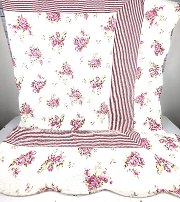 Melange Home Cottage Full/Queen Quilt Coverlet Shams Pink Floral Striped Scallop - Image 1 of 4