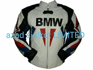 BMW WHITE COWHIDE LEATHER ARMOURED BIKER RACING JACKET IN ALL SIZE - Picture 1 of 4
