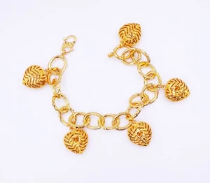 Hearts Dangling Bracelet 22K 24K Thai Yellow Gold Plated Bangle Jewelry Women - Picture 1 of 4