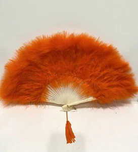 Vintage Orange Feather Folding Hand Fan with Celluloid Handle 11”x 18” - Picture 1 of 6