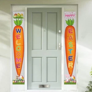 2 Pcs Happy Easter Door BannerFabric Easter Eggs Carrot Rabbits Bunny Hanging... - Picture 1 of 7