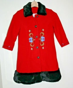 Hanna Andersson Girl's Coat Red Wool Embroidered Black Fur Hem Size 110 or 5 US - Picture 1 of 9
