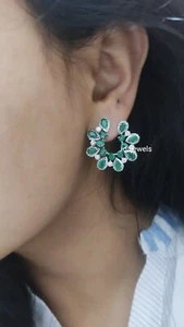 Emerald Earrings With Diamonds in 10k white gold gift for women wedding - Picture 1 of 3